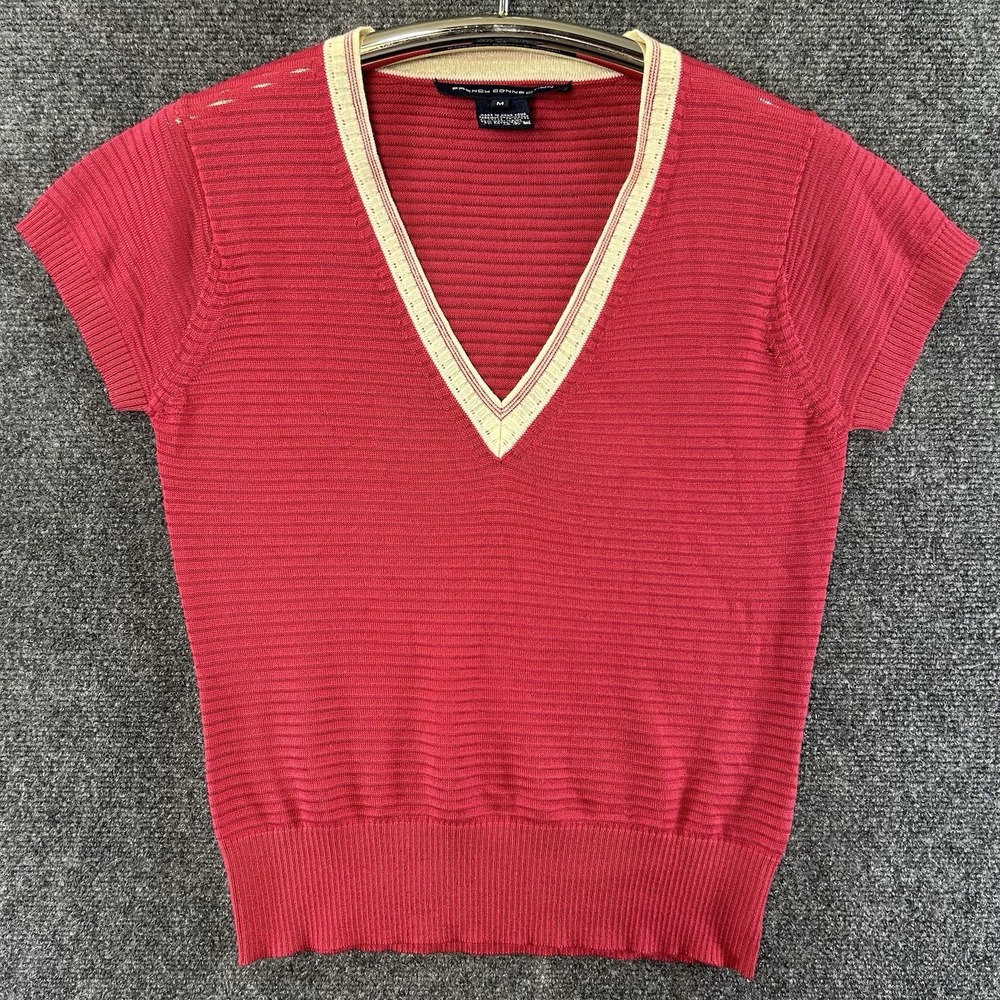 VTG French Connection Short Sleeve Ribbed Shirt Medium Wool Blend V-Neck Pink